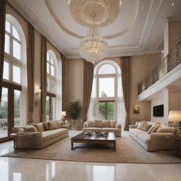 Amend the previous design to be more extravagant. Retain the unique blend of Lebanese and Spanish styles in a neoclassic approach, with an 8-meter high ceiling and 3-meter vaulted glass, but augment opulence.