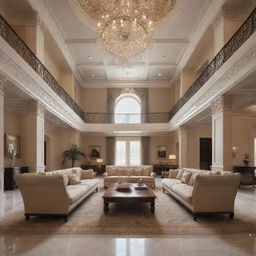 Amend the previous design to be more extravagant. Retain the unique blend of Lebanese and Spanish styles in a neoclassic approach, with an 8-meter high ceiling and 3-meter vaulted glass, but augment opulence.