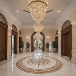 A more lavish and innovative villa entrance hall, mingling Lebanese antiquity and Spanish flair in a grander neoclassic design. Featuring an 8-meter high ceiling and 3-meter vaulted glass section, emblematic of opulence.