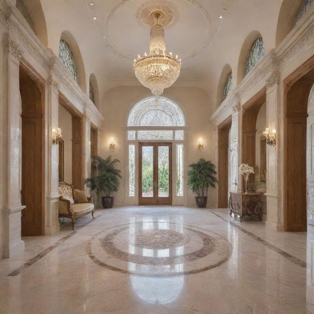 A more lavish and innovative villa entrance hall, mingling Lebanese antiquity and Spanish flair in a grander neoclassic design. Featuring an 8-meter high ceiling and 3-meter vaulted glass section, emblematic of opulence.