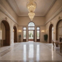 A more lavish and innovative villa entrance hall, mingling Lebanese antiquity and Spanish flair in a grander neoclassic design. Featuring an 8-meter high ceiling and 3-meter vaulted glass section, emblematic of opulence.