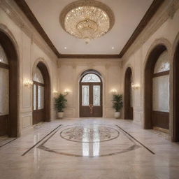 A more lavish and innovative villa entrance hall, mingling Lebanese antiquity and Spanish flair in a grander neoclassic design. Featuring an 8-meter high ceiling and 3-meter vaulted glass section, emblematic of opulence.