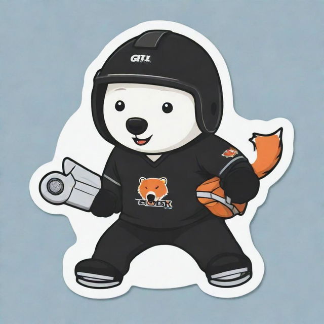 An animated sticker of an adult polar bear, wearing a hockey helmet with 'GTLK' logo and a boxing glove hitting a fox dressed in black hockey uniform and falling down with its tongue sticking out