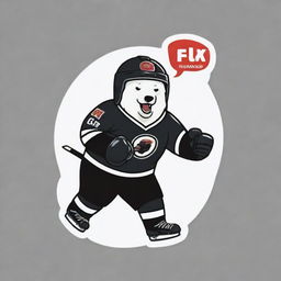 An animated sticker of an adult polar bear, wearing a hockey helmet with 'GTLK' logo and a boxing glove hitting a fox dressed in black hockey uniform and falling down with its tongue sticking out