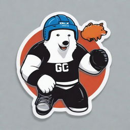 An animated sticker of an adult polar bear, wearing a hockey helmet with 'GTLK' logo and a boxing glove hitting a fox dressed in black hockey uniform and falling down with its tongue sticking out