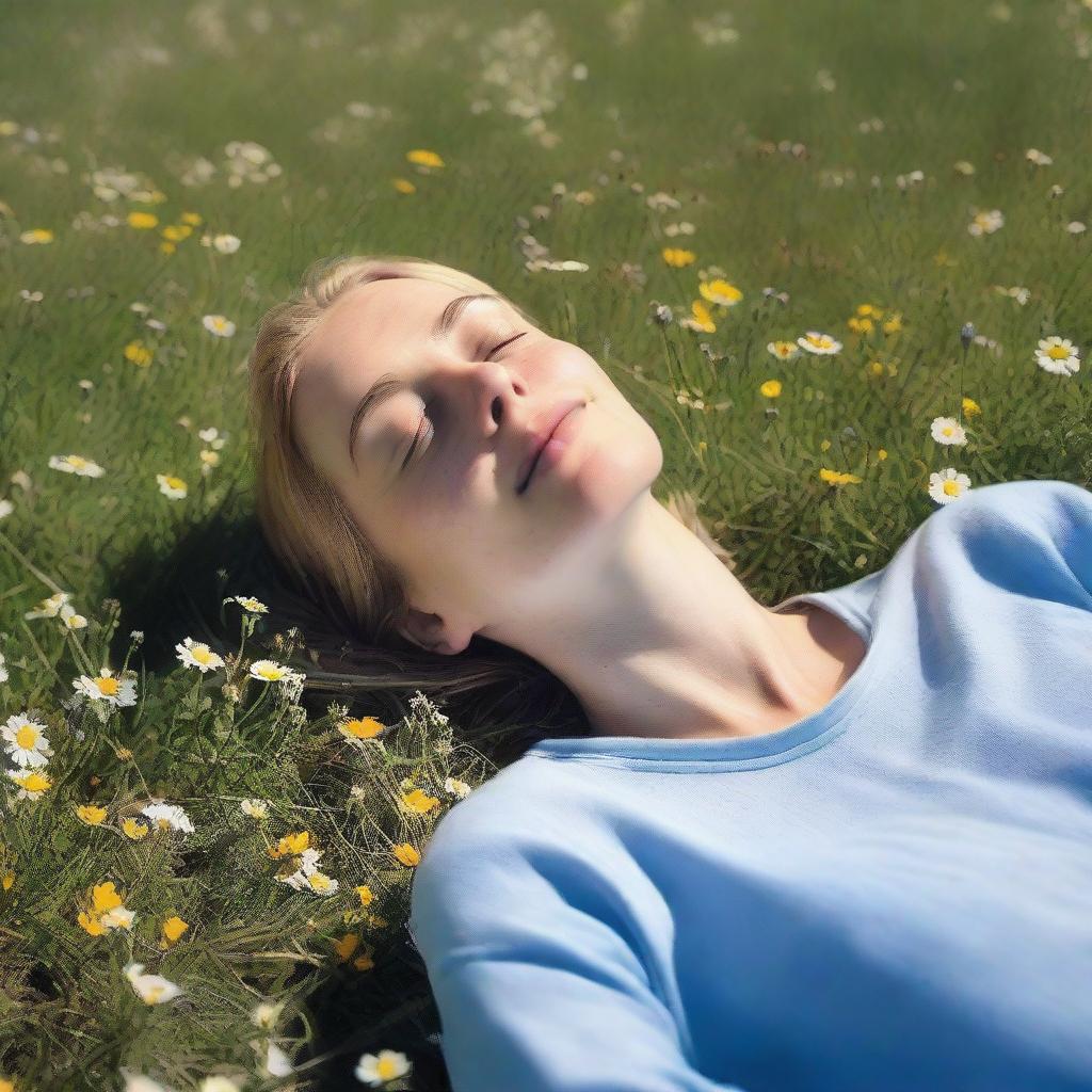 A peaceful scene of a person laying down on a grassy meadow under a clear blue sky, surrounded by wildflowers