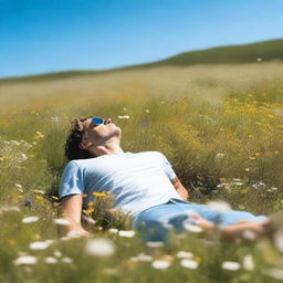 A peaceful scene of a person laying down on a grassy meadow under a clear blue sky, surrounded by wildflowers