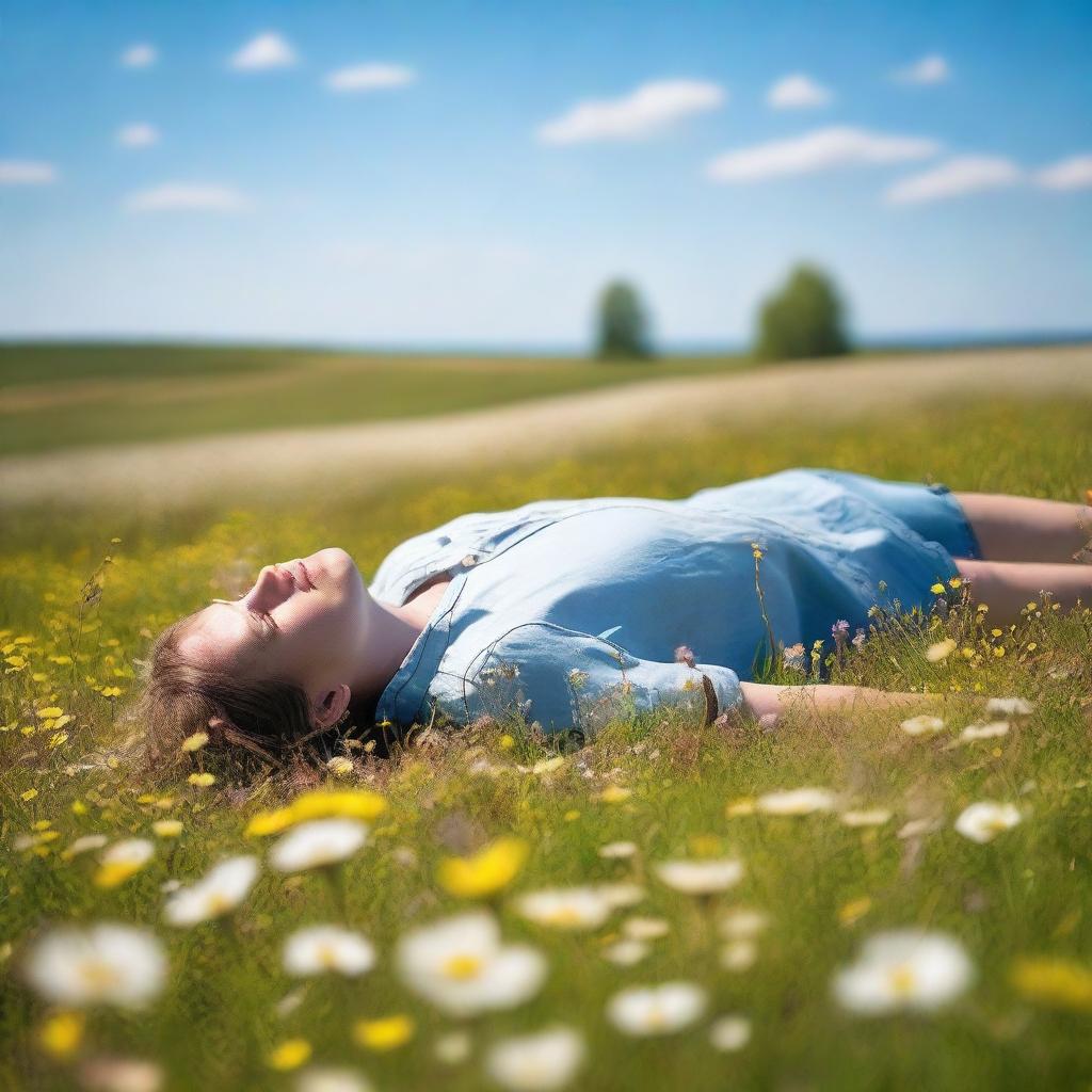 A peaceful scene of a person laying down on a grassy meadow under a clear blue sky, surrounded by wildflowers