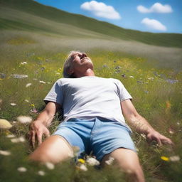 A peaceful scene of a person laying down on a grassy meadow under a clear blue sky, surrounded by wildflowers