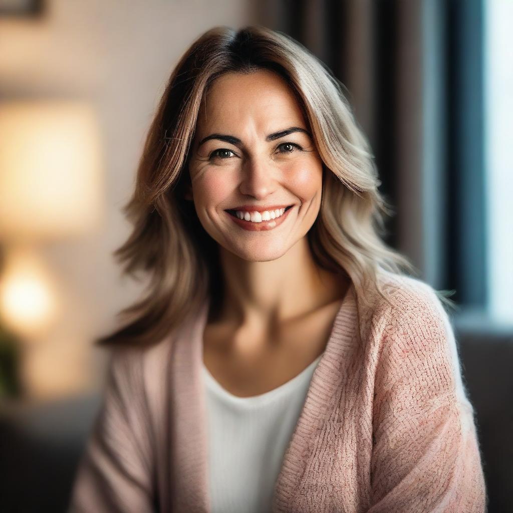 A beautiful and loving wife with a warm smile, standing in a cozy living room