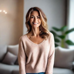 A beautiful and loving wife with a warm smile, standing in a cozy living room