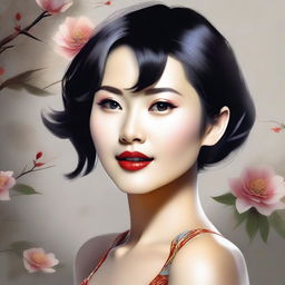 A sensual depiction of an Asian woman with short hair, styled in an elegant and sophisticated manner