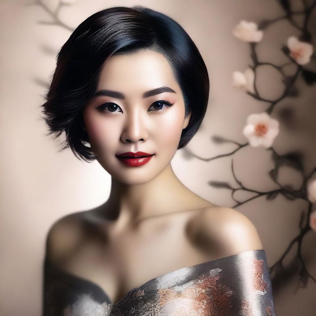 A sensual depiction of an Asian woman with short hair, styled in an elegant and sophisticated manner