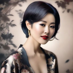 A sensual depiction of an Asian woman with short hair, styled in an elegant and sophisticated manner