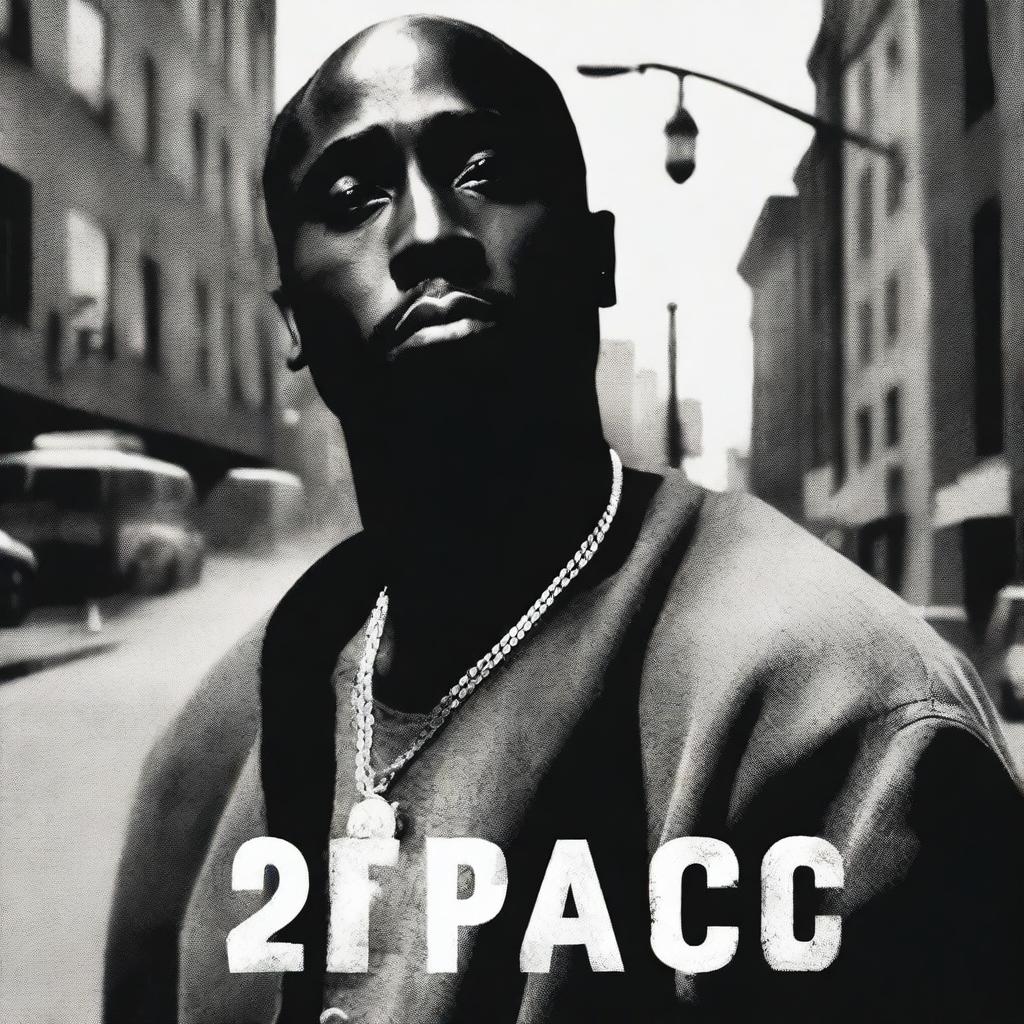 A book cover inspired by 2pac, featuring a portrait of the legendary rapper in a thoughtful pose, with a gritty urban background