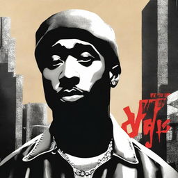 A book cover inspired by 2pac, featuring a portrait of the legendary rapper in a thoughtful pose, with a gritty urban background