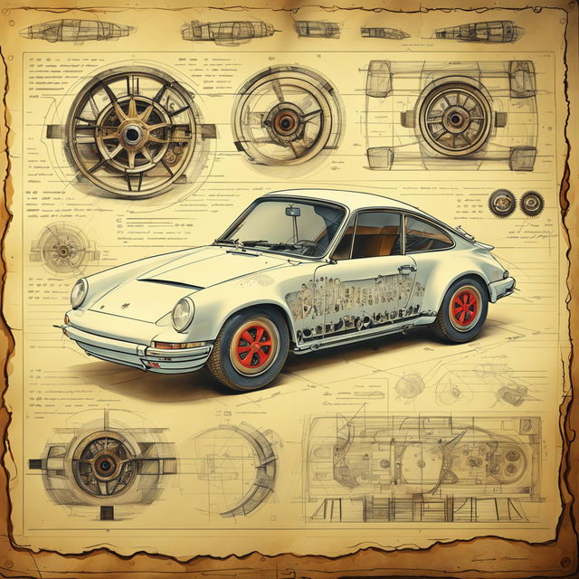 A detailed and artistic poster of a classic Porsche 911 car in the style of Leonardo Da Vinci's sketches, featuring intricate line work, shading, and a vintage parchment background