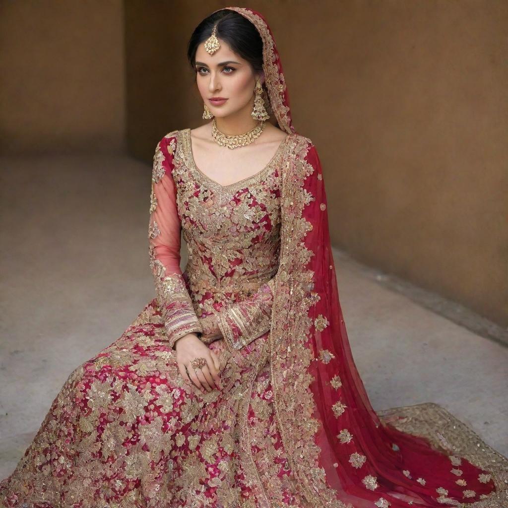 A traditional Pakistani wedding dress, simple yet elegant, featuring radiant hues, intricate embroidery and sequin work along the neckline and borders.