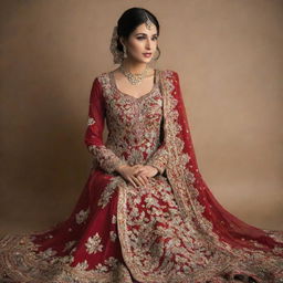 A traditional Pakistani wedding dress, simple yet elegant, featuring radiant hues, intricate embroidery and sequin work along the neckline and borders.