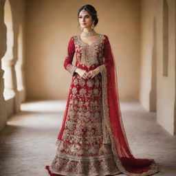 A traditional Pakistani wedding dress, simple yet elegant, featuring radiant hues, intricate embroidery and sequin work along the neckline and borders.