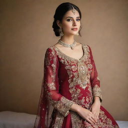 A traditional Pakistani wedding dress, simple yet elegant, featuring radiant hues, intricate embroidery and sequin work along the neckline and borders.