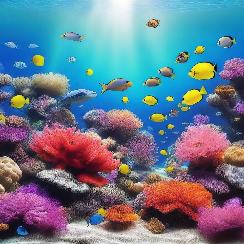 A vibrant underwater coral reef scene featuring colorful corals, diverse marine life including fish, sea turtles, and starfish