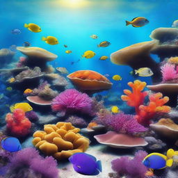 A vibrant underwater coral reef scene featuring colorful corals, diverse marine life including fish, sea turtles, and starfish