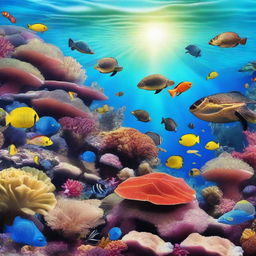 A vibrant underwater coral reef scene featuring colorful corals, diverse marine life including fish, sea turtles, and starfish