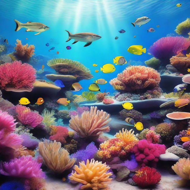 A vibrant underwater coral reef scene featuring colorful corals, diverse marine life including fish, sea turtles, and starfish