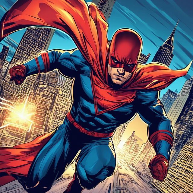 Create a comic book cover featuring a superhero in action with a dynamic pose, cityscape background, and classic comic book elements like a title and action phrases