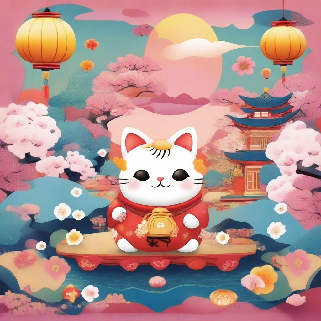 A whimsical wonderland featuring a maneki neko, the Japanese lucky cat, surrounded by vibrant, colorful scenery with blooming flowers, floating lanterns, and magical elements