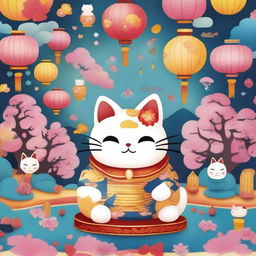 A whimsical wonderland featuring a maneki neko, the Japanese lucky cat, surrounded by vibrant, colorful scenery with blooming flowers, floating lanterns, and magical elements