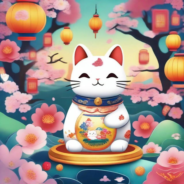 A whimsical wonderland featuring a maneki neko, the Japanese lucky cat, surrounded by vibrant, colorful scenery with blooming flowers, floating lanterns, and magical elements