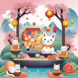 A whimsical wonderland featuring a maneki neko, the Japanese lucky cat, surrounded by vibrant, colorful scenery with blooming flowers, floating lanterns, and magical elements