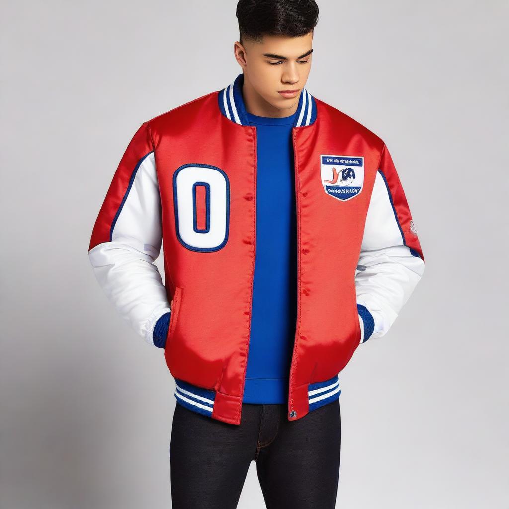 A varsity jacket in navy blue, white, and red color scheme with a Formula 1 theme