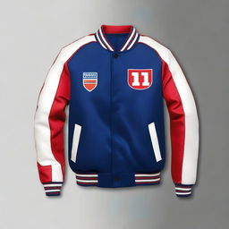 A varsity jacket in navy blue, white, and red color scheme with a Formula 1 theme