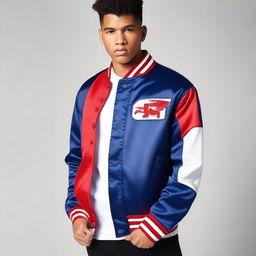 A varsity jacket in navy blue, white, and red color scheme with a Formula 1 theme