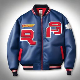 A varsity jacket in navy blue, white, and red color scheme with a Formula 1 theme