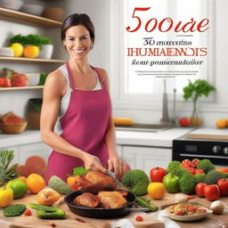 A woman cooking delicious grilled fitness chicken in a kitchen