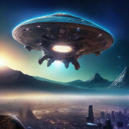 A highly detailed cinematic art piece depicting an alien spaceship landing on Earth