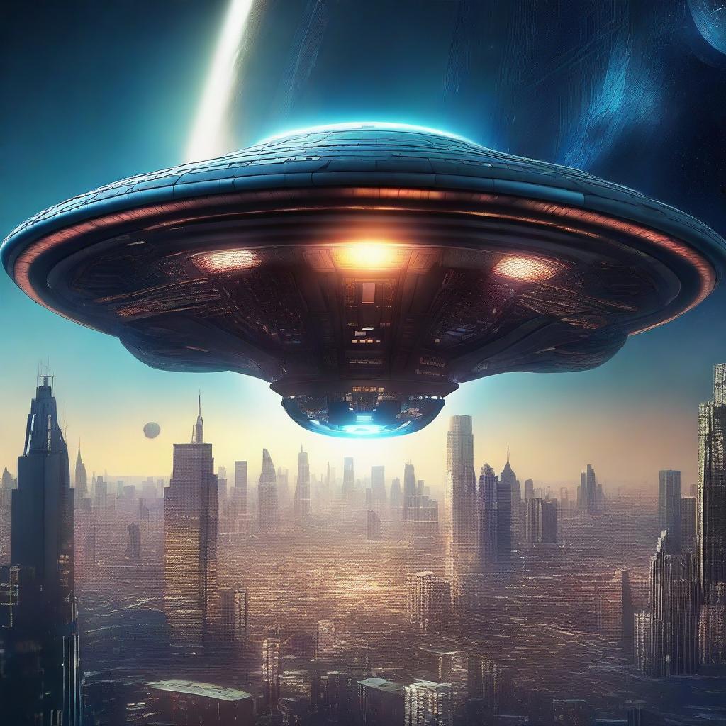 A highly detailed cinematic art piece depicting an alien spaceship landing on Earth