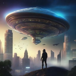 A highly detailed cinematic art piece depicting an alien spaceship landing on Earth