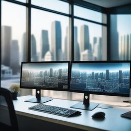 A high-tech computer setup with multiple monitors, a sleek keyboard, and a modern desk