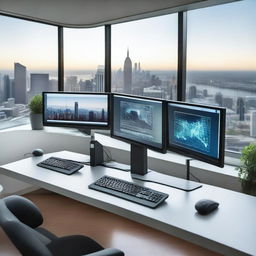 A high-tech computer setup with multiple monitors, a sleek keyboard, and a modern desk