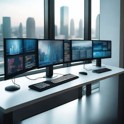 A high-tech computer setup with multiple monitors, a sleek keyboard, and a modern desk