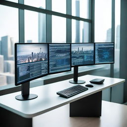 A high-tech computer setup with multiple monitors, a sleek keyboard, and a modern desk