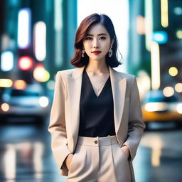 A stylish and elegant Korean woman standing confidently with a chic outfit, exuding charm and sophistication