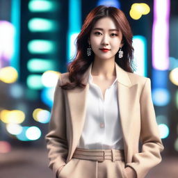 A stylish and elegant Korean woman standing confidently with a chic outfit, exuding charm and sophistication