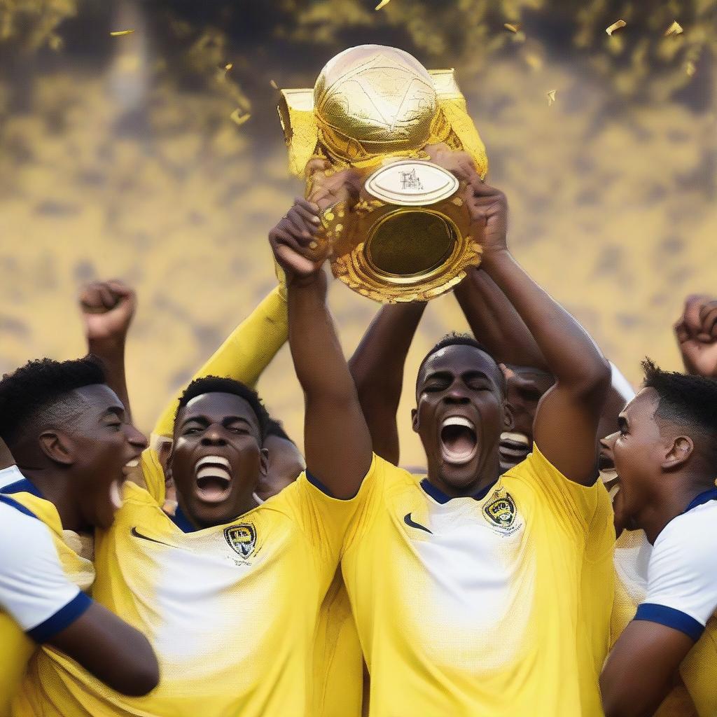 A group of soccer players wearing yellow and white uniforms lifting a trophy in celebration