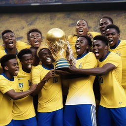 A group of soccer players wearing yellow and white uniforms lifting a trophy in celebration